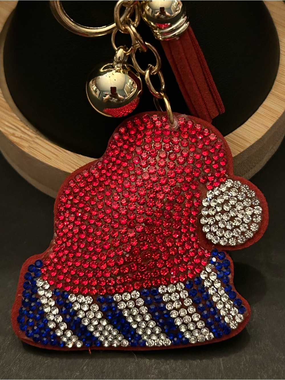 PREMIUM Puffy Red, Blue & Clear Crystal Santa Hat Elf Hat Bag Charm Keychain